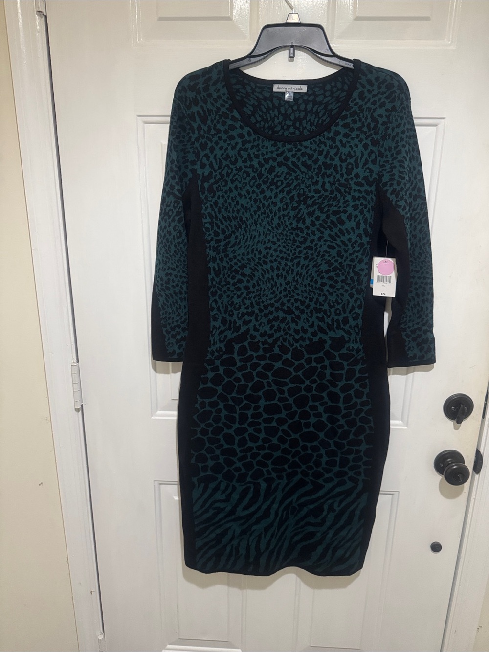 Danny & Nicole Teal and Black Animal-Print Midi Sheath Dress
